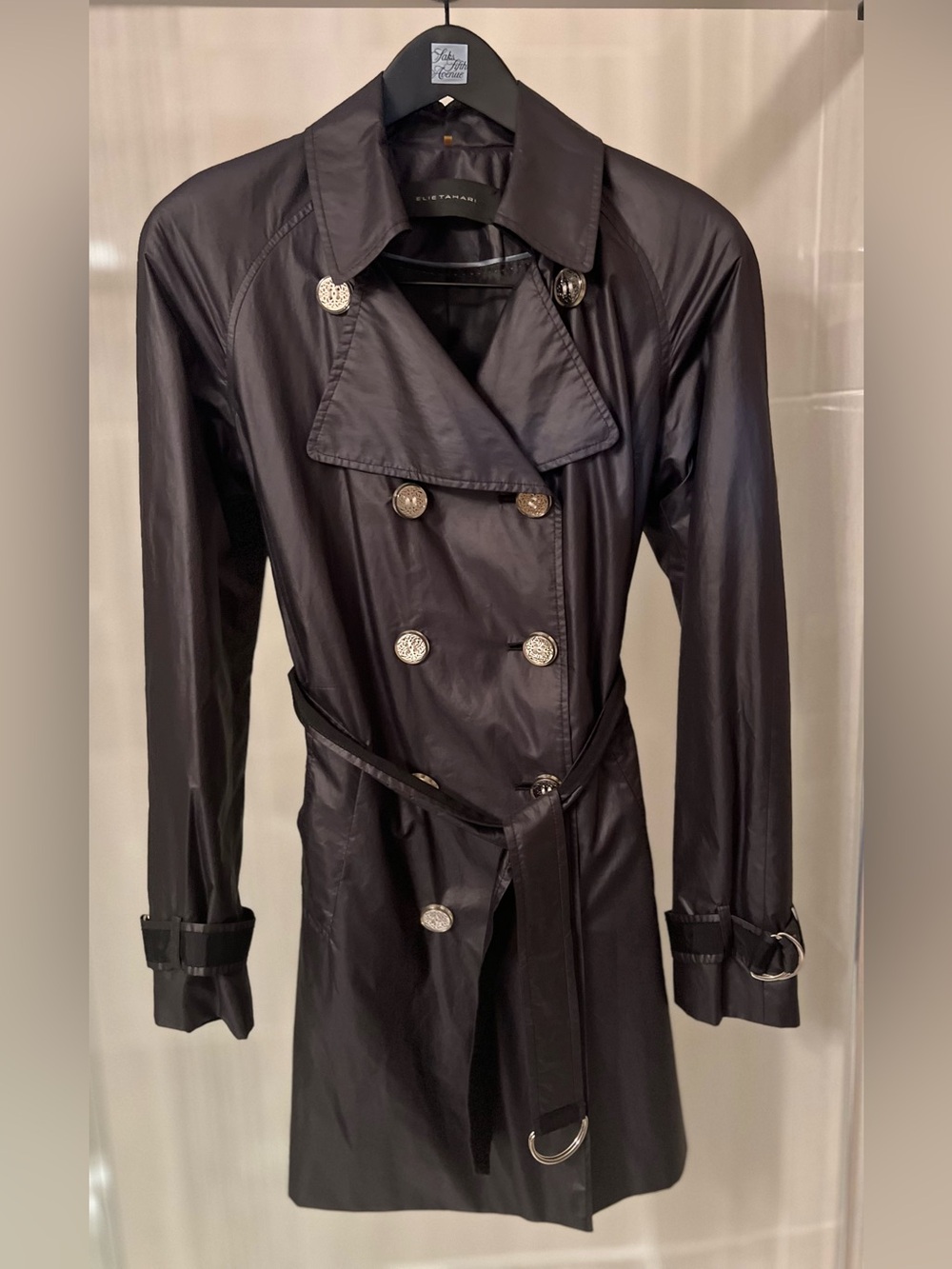 Elie Tahari Black Double Breasted Belted Trench Coat Medium M